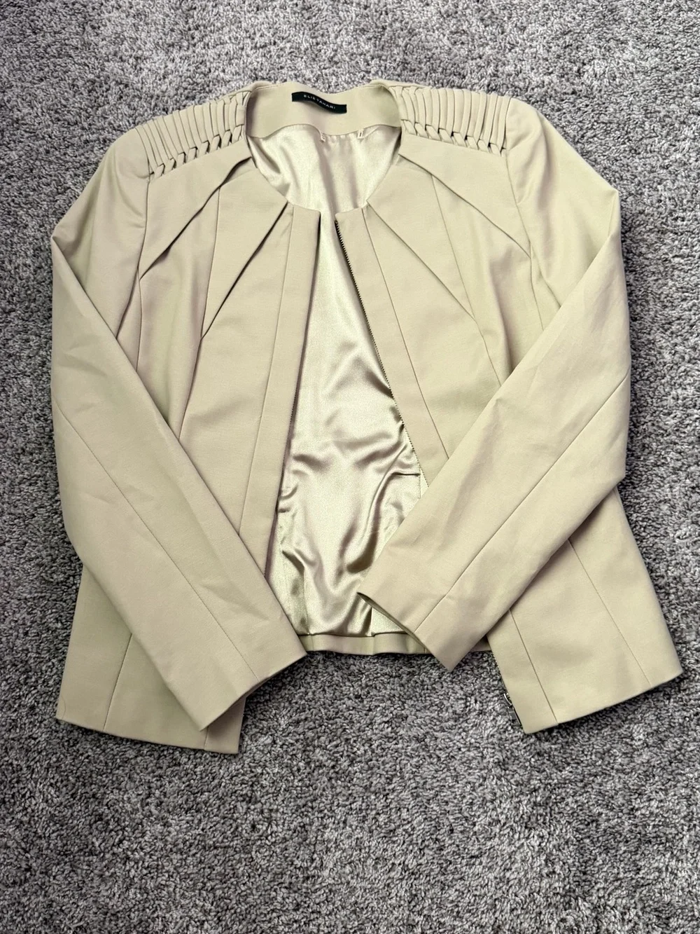 Elie Tahari Light Beige Open-Front Blazer with Pleated Shoulder Detail